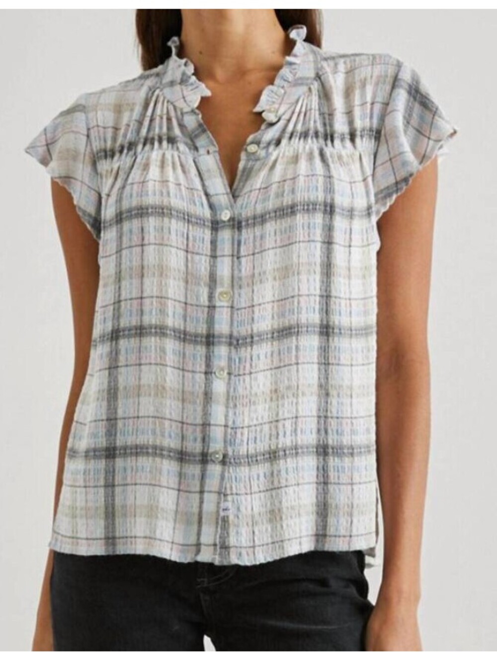 Rails Ruthie Top Sky Haze Plaid Ruffle Cap Sleeve Blouse XS NWT